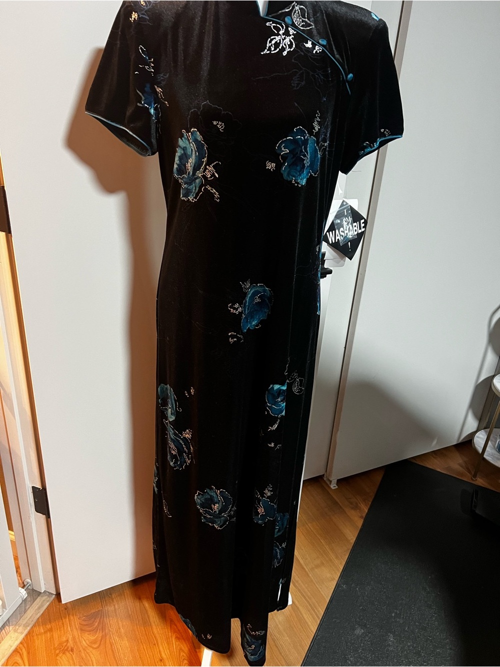 Black Velvet Maxi Dress with Blue Floral Accents